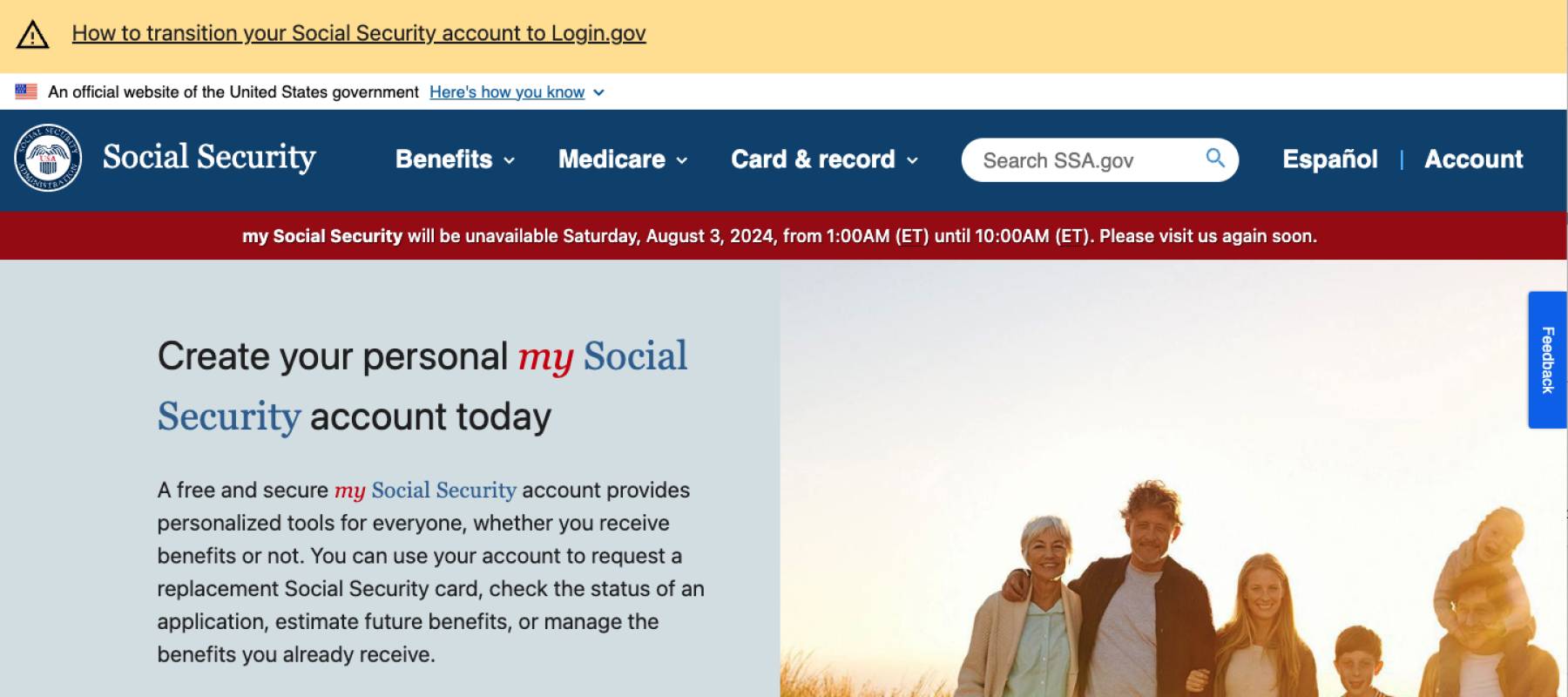 Screenshot of the Social Security Administration's mySocialSecurity homepage.