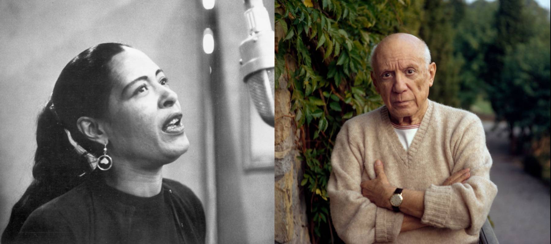 Billie Holiday and Pablo Picasso, side-by-side portraits