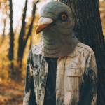 Weird man in a creepy rubber pigeon bird mask in the Autumn