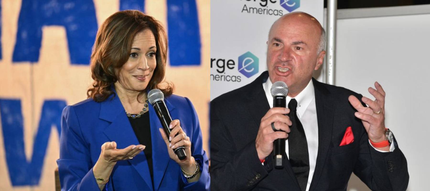 Kamala Harris and Kevin O'Leary images side by side, both speaking into microphones.