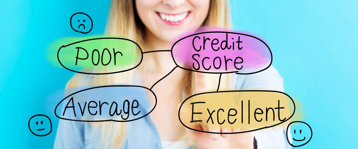 Credit Score concept with young woman on blue background