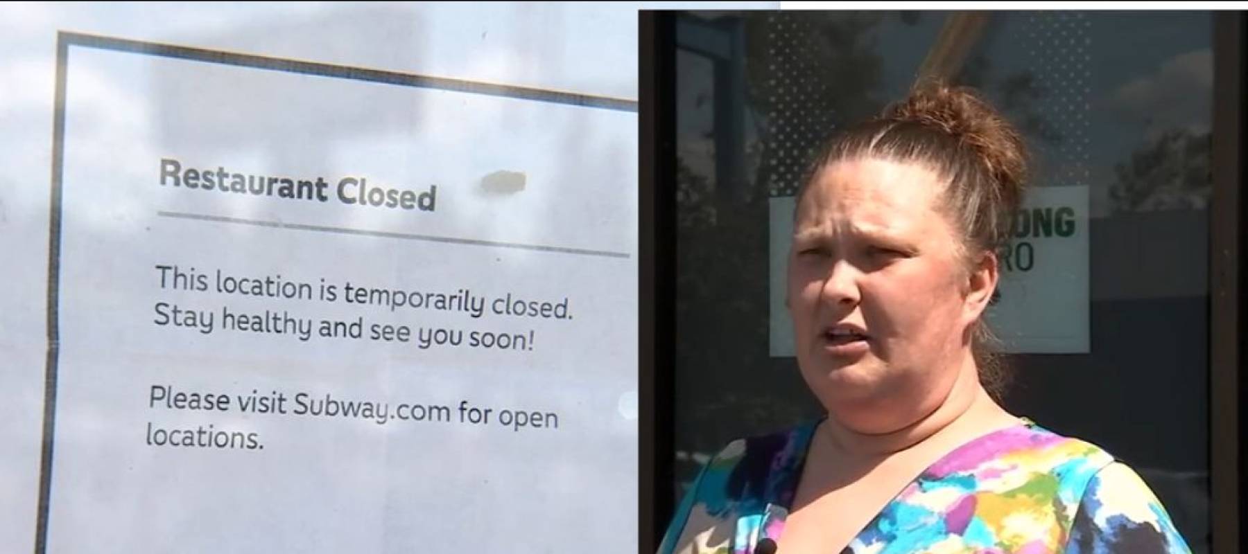 Photo of sign on restaurant door seen beside image of woman standing outside, speaking to camera, upset.