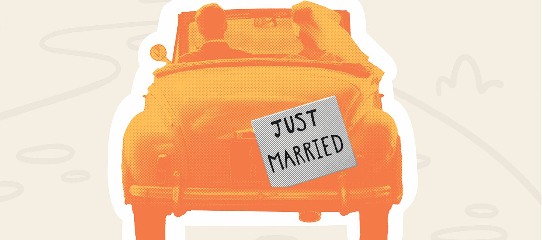 A newlywed couple is driving a convertible retro car on a country road for their honeymoon, rear view