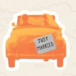 A newlywed couple is driving a convertible retro car on a country road for their honeymoon, rear view