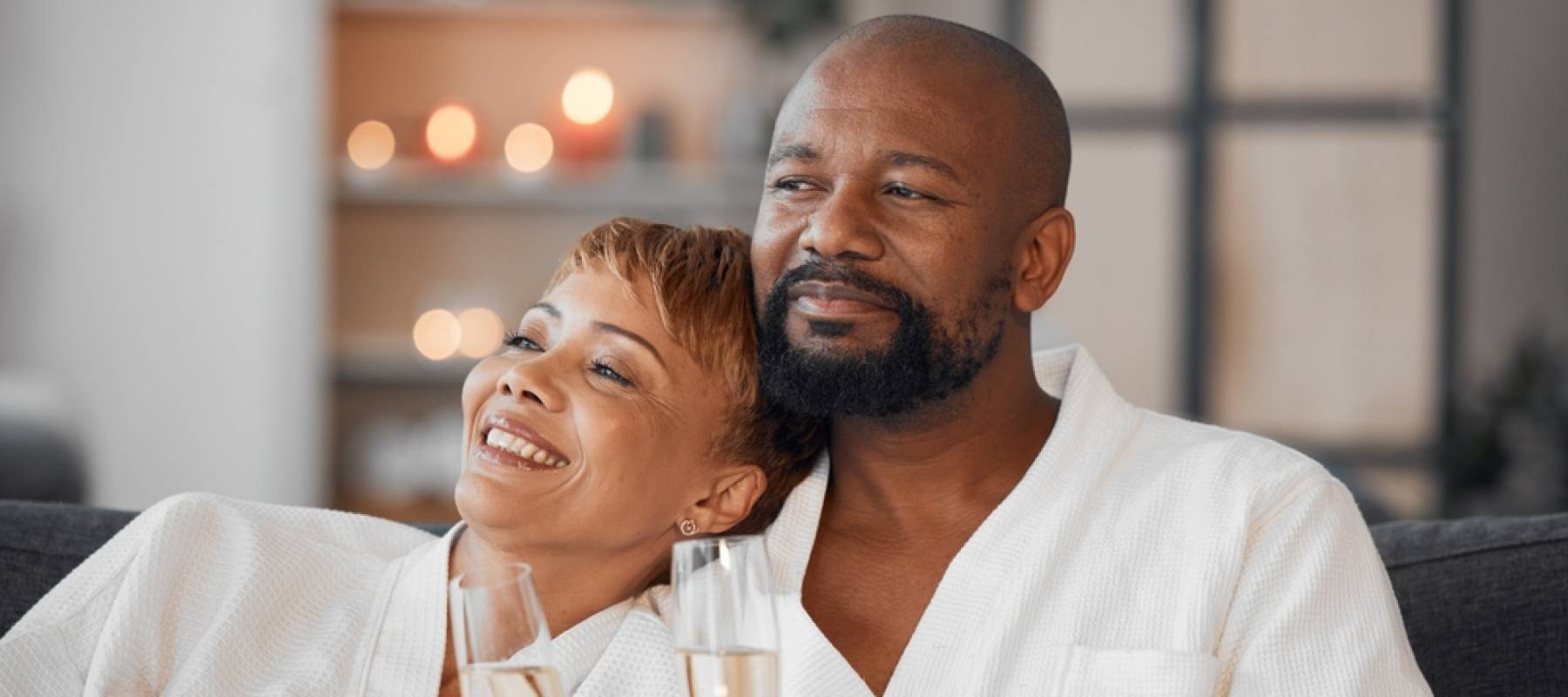 Spa, couple and romance with champagne relax