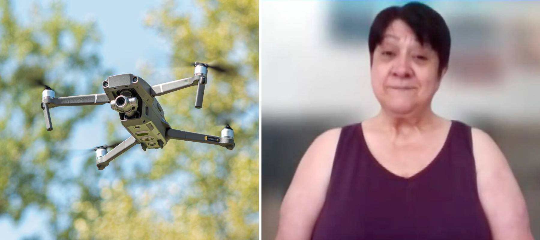 Photo of a drone beside woman speaking on zoom call.
