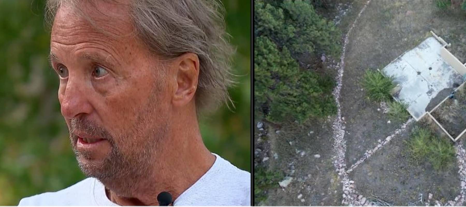 Close up of man talking to camera, seen beside drone view of his vacant property.