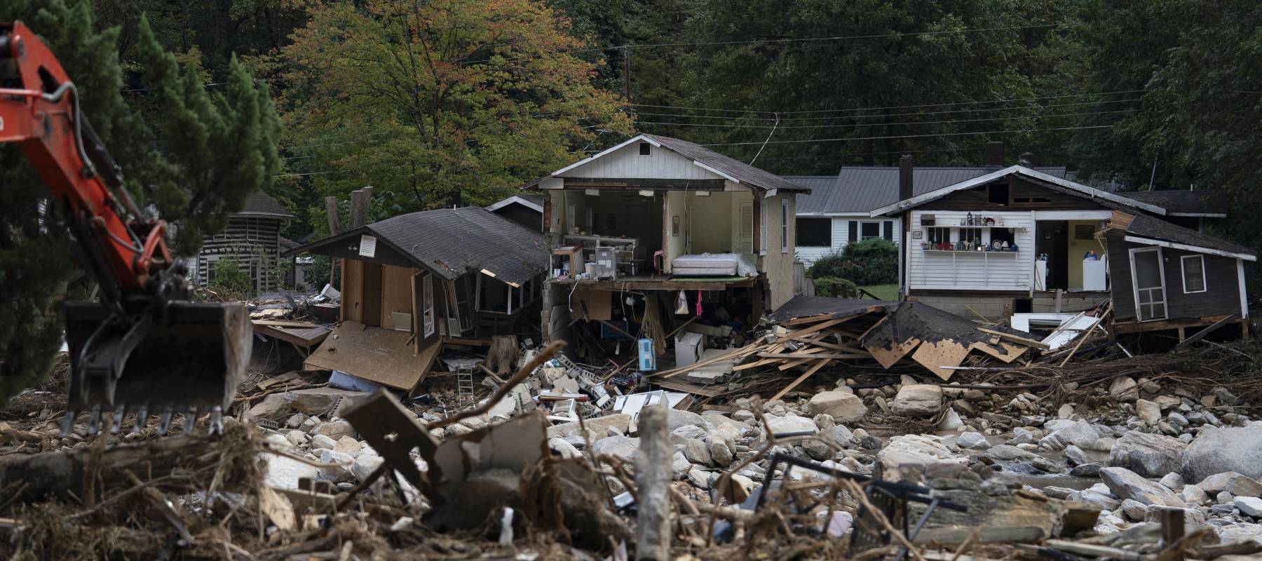 Damaged structures are seen in downtown Chimney Rock, North Carolina, October 2, 2024, after the passage of Hurricane Helene.