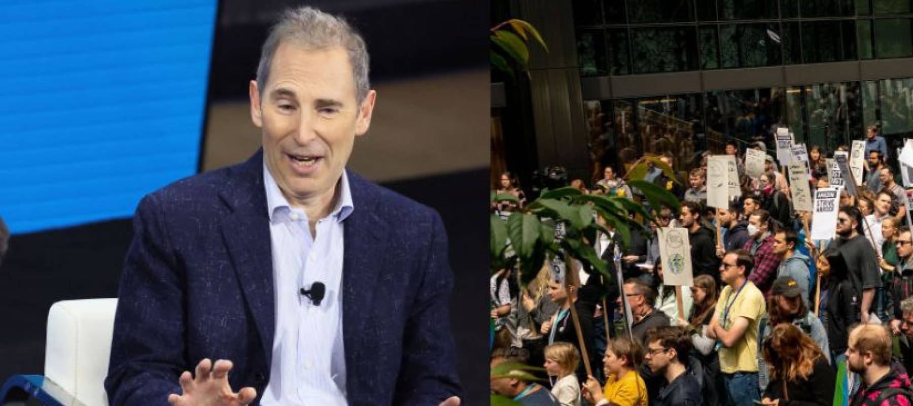 Andy Jassy seen speaking on stage, with image of Amazon workers protesting with signs beside it.
