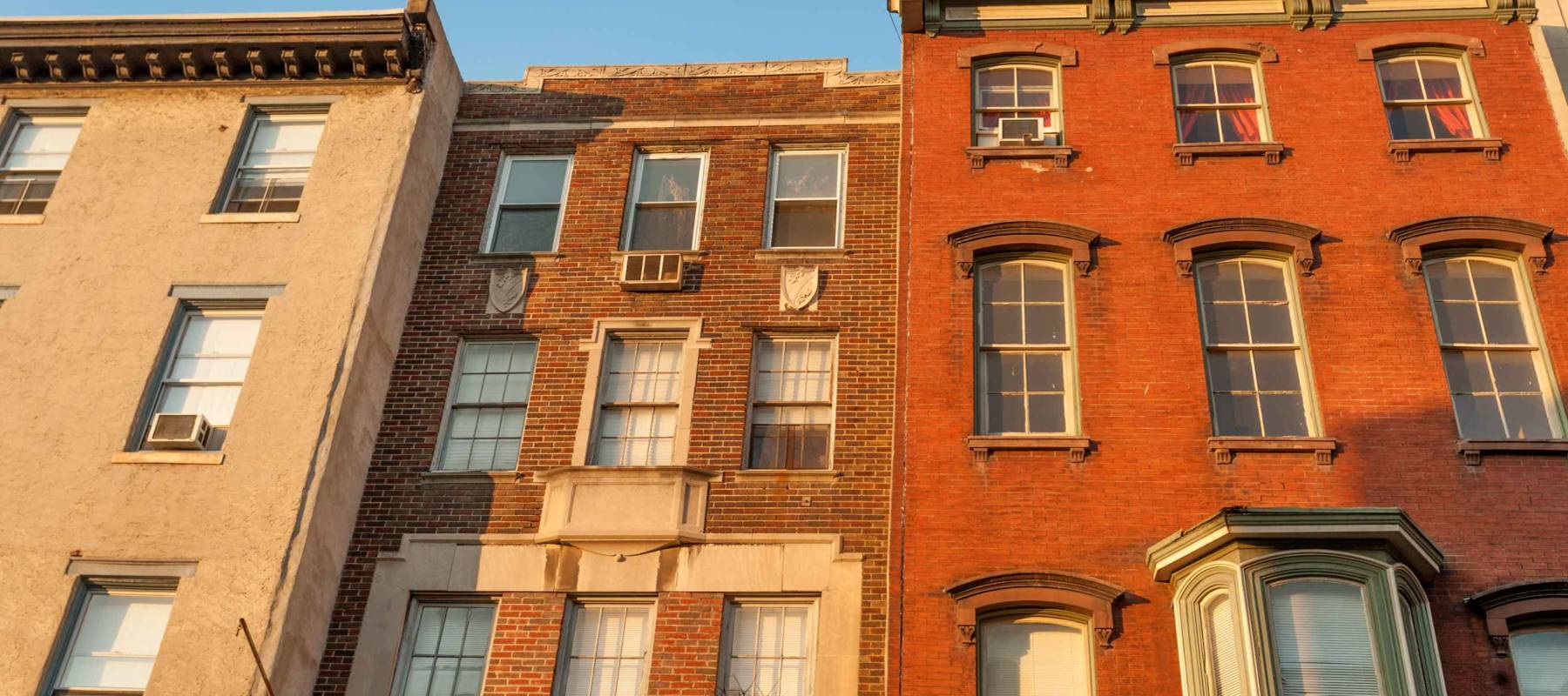 Colorful old townhouses on historic Chestnut street in Philadelphia Center City