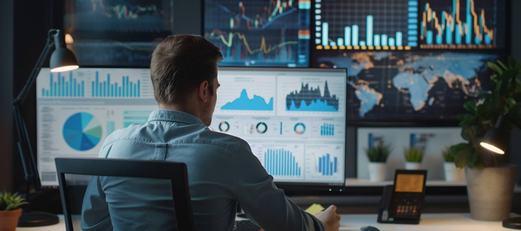 Man reviewing investing data on a series of computer monitors