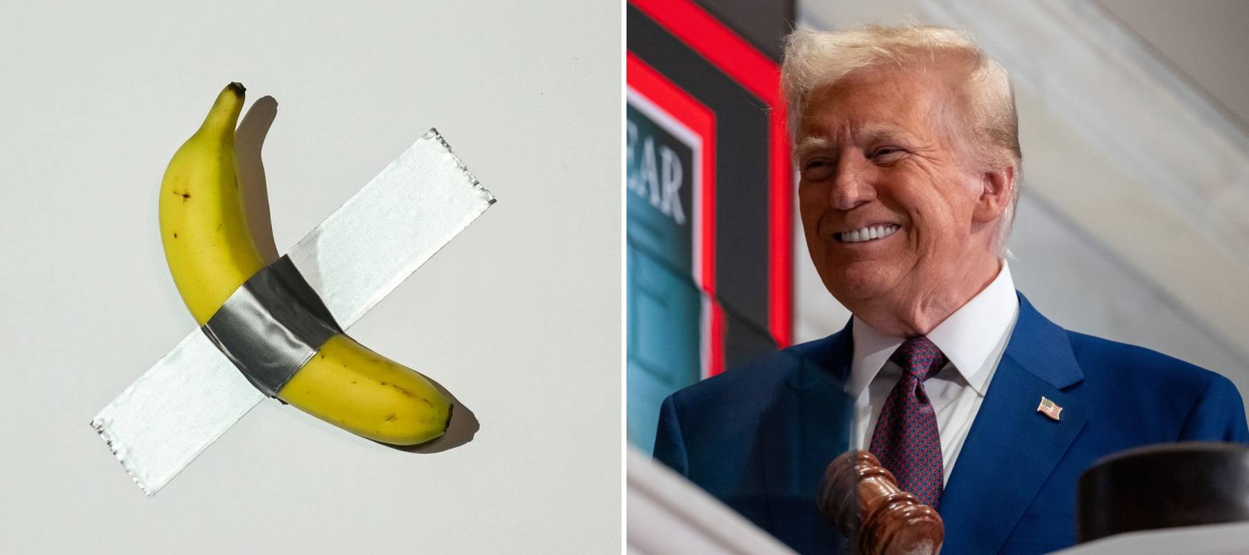 Left: A banana taped to a wall is a work of art by Maurizio Cattelan that sold for $6.2M. Right: President-elect Donald Trump rings the opening bell at the New York Stock Exchange.