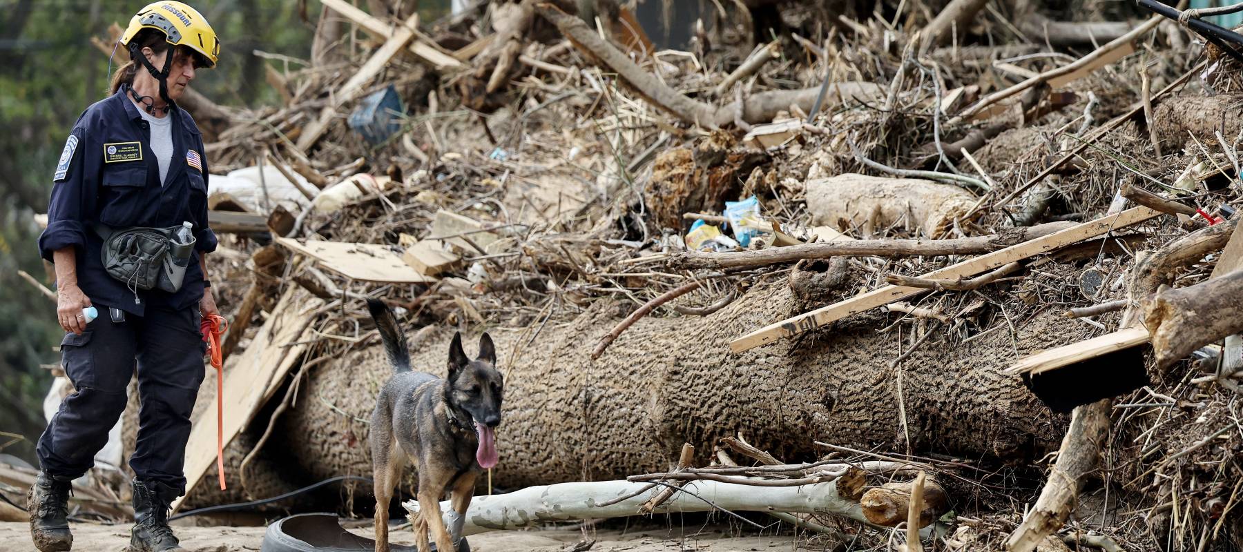 A member of the FEMA searches a flood-damaged property with a canine in the aftermath of Hurricane Helene in Asheville, North Carolina, Oct. 4, 2024.