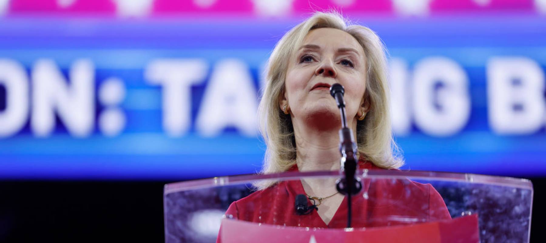 Former U.K. Prime Minister Liz Truss speaks during the Conservative Political Action Conference (CPAC)