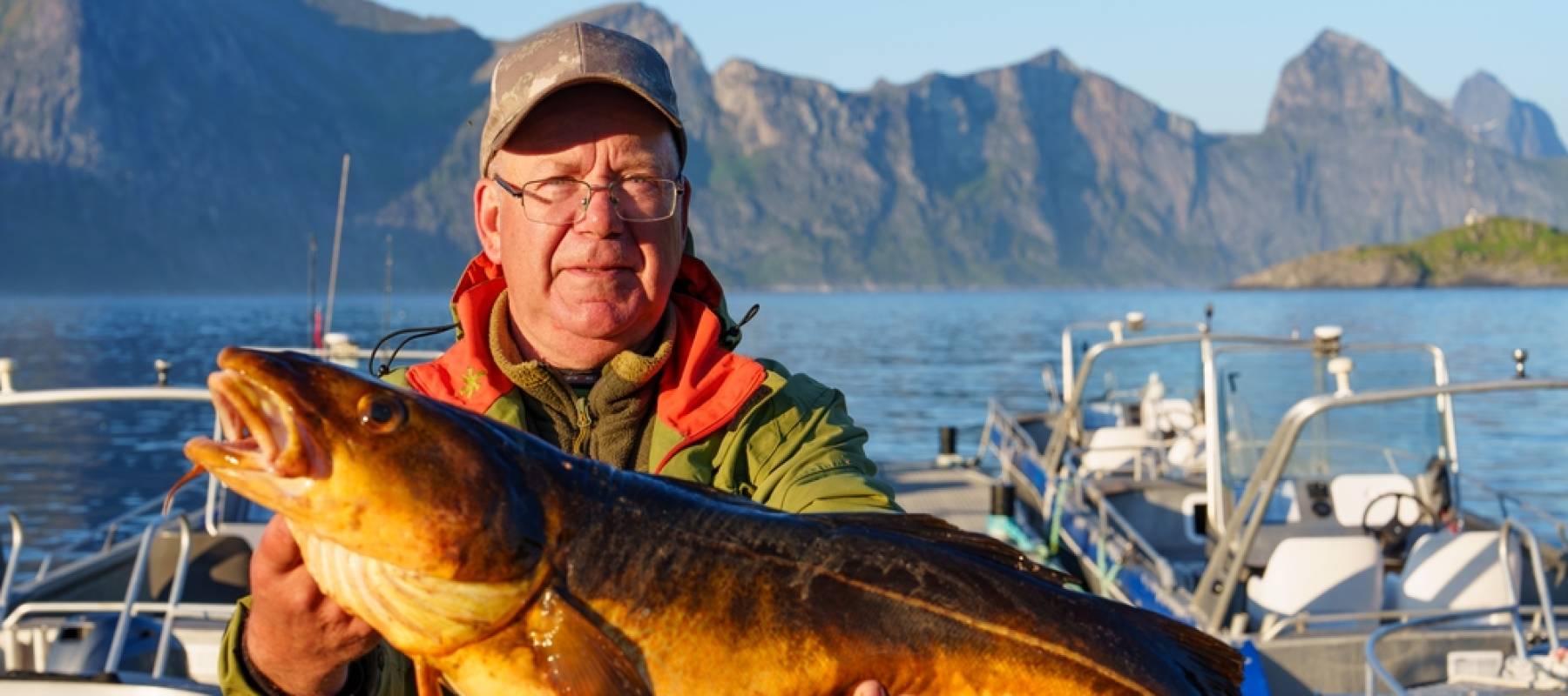 Male fisherman holding a huge fish Cod.