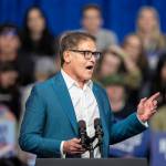 Businessman and television personality Mark Cuban addresses a rally for Democratic presidential nominee Vice President Kamala Harris.