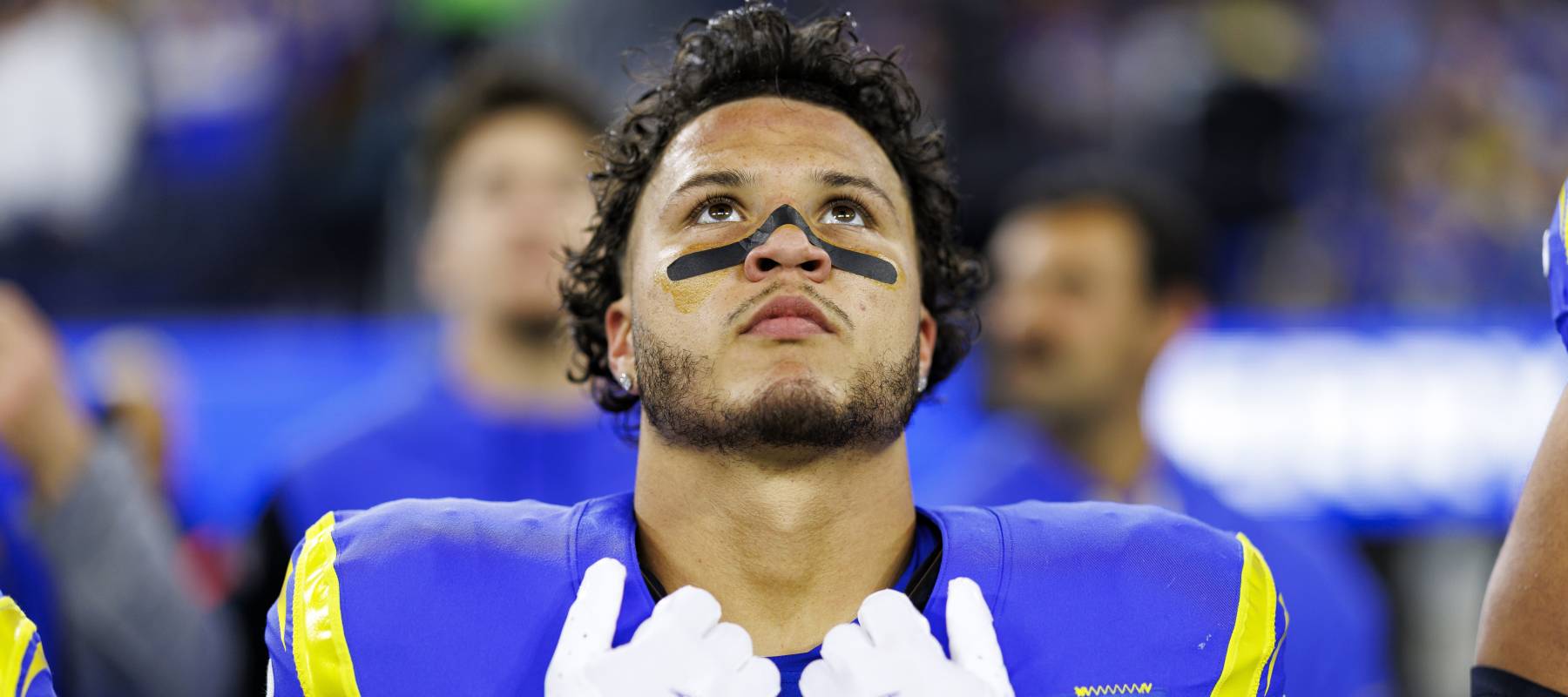 Los Angeles Rams running back Blake Corum stands on the sidelines prior to an NFL game against the Arizona Cardinals at SoFi Stadium in Inglewood, California, Dec. 28, 2024.