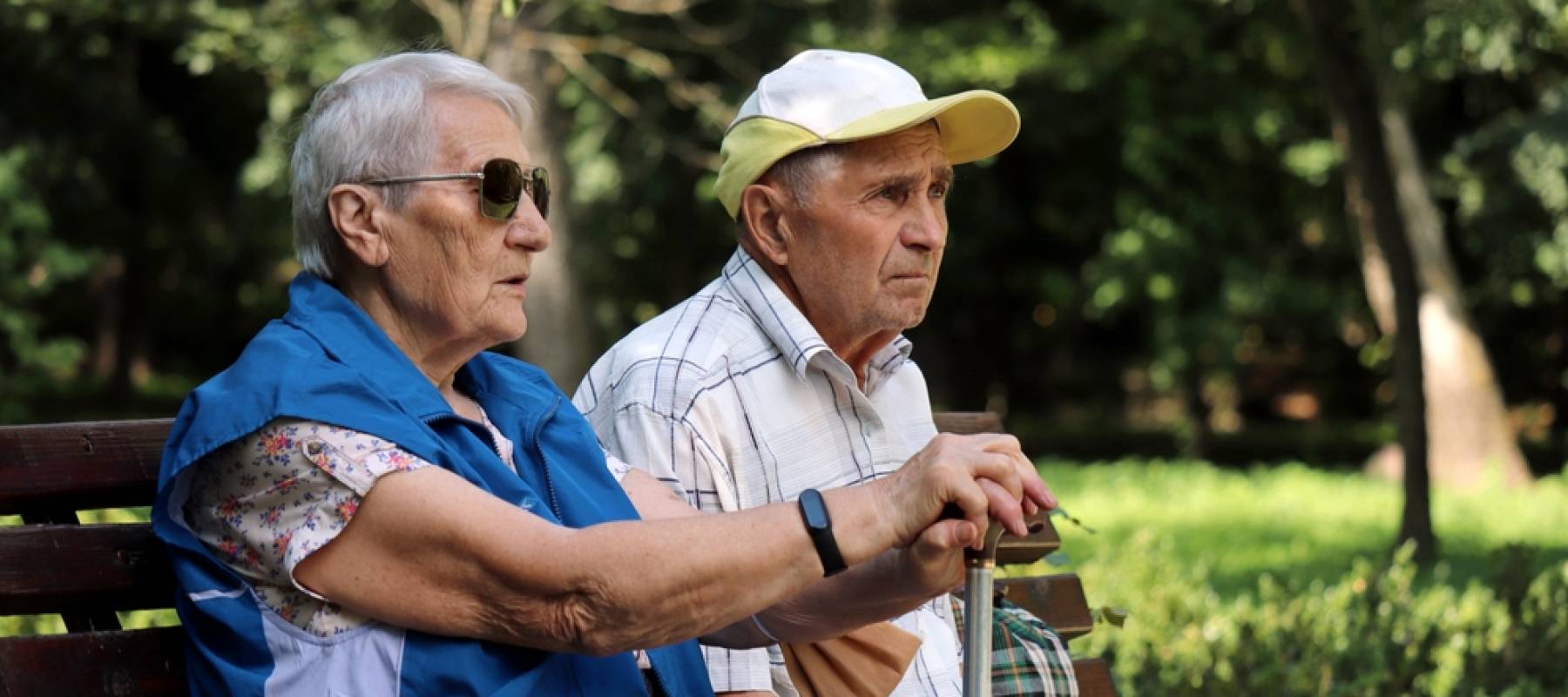 Elderly couple sitting on a bench in spring or summer park.