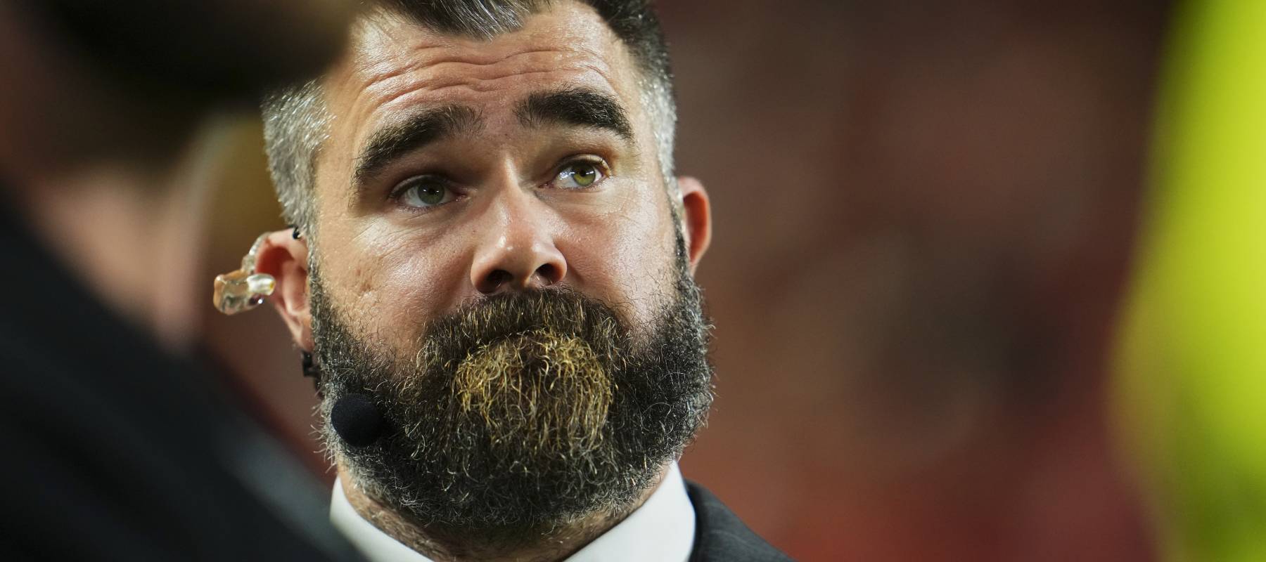 Jason Kelce looks on from the sideline as the Kansas City Chiefs face the Tampa Bay Buccaneers during an NFL game at GEHA Field at Arrowhead Stadium in Kansas City, Missouri, Nov. 4, 2024.