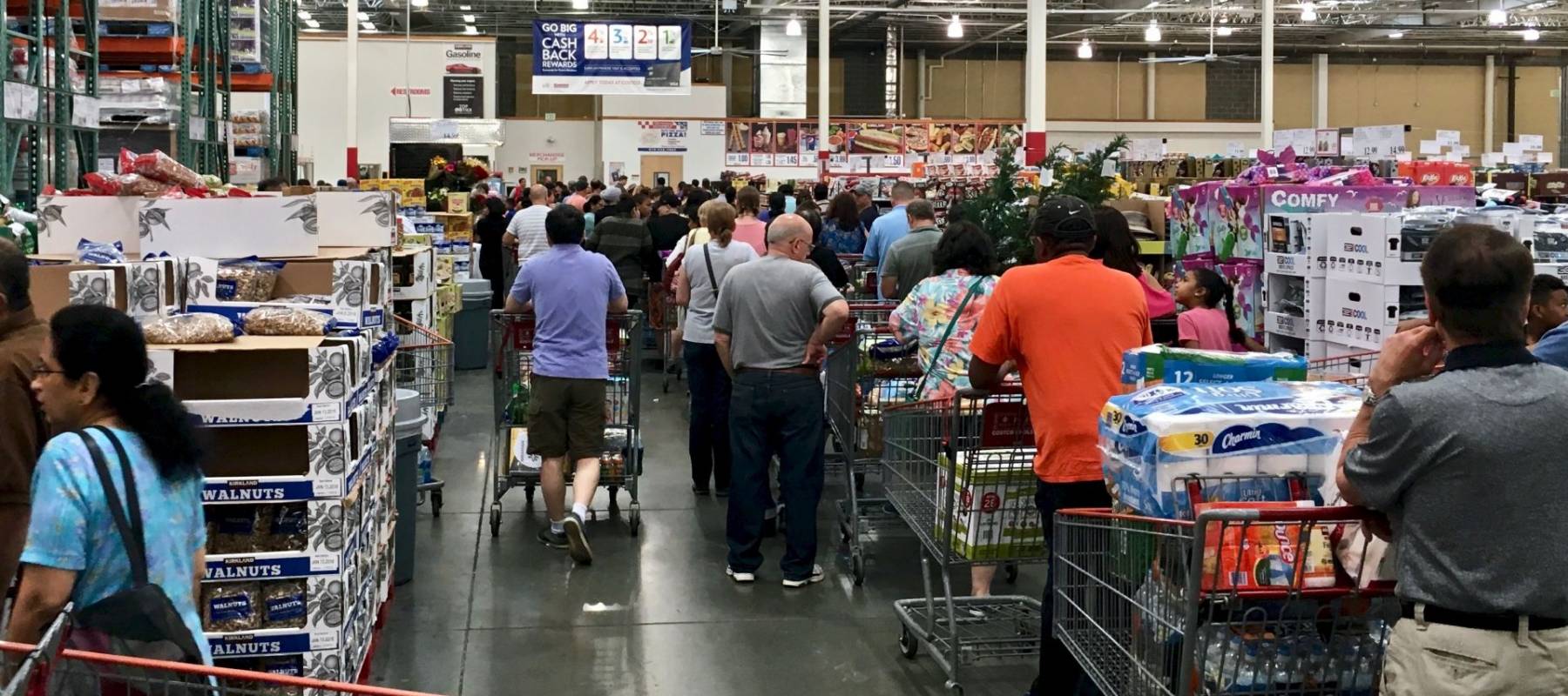 ELKRIDGE, MD, USA - APRIL 30, 2017: Costco Wholesale showing a large influx of shoppers, creating a checkout line that stretches halfway back though the store.