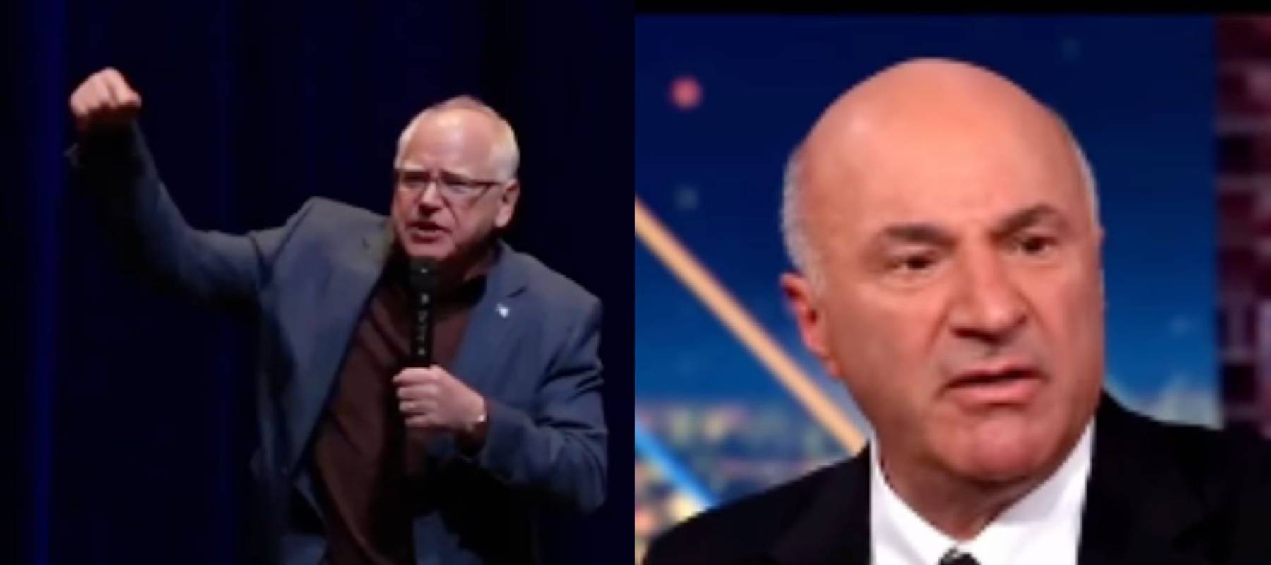 Side by side images of Tim Walz holding a phone onstage and Kevin O'Leary looking angry on set at CNN.
