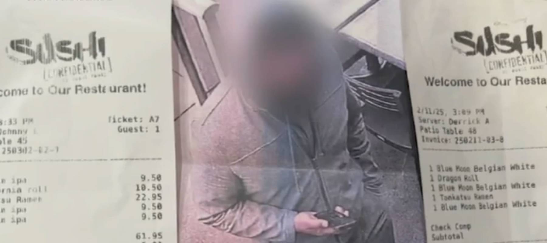 Man with face blurred out seen between two images of receipts for restaurant.