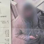 Man with face blurred out seen between two images of receipts for restaurant.