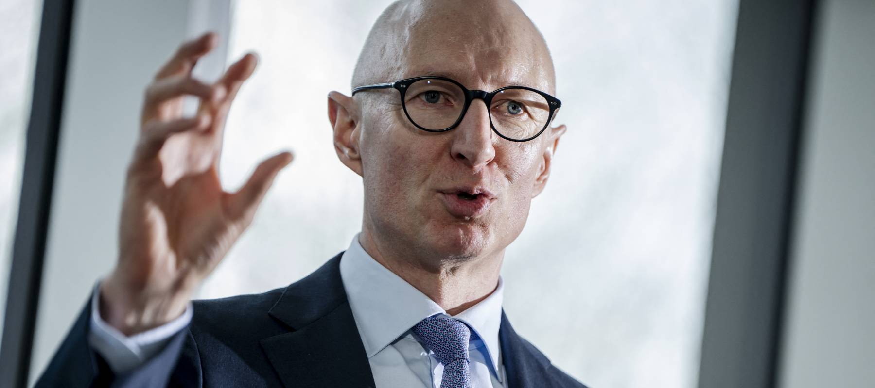 Lars Fruergaard Joergensen, CEO of Danish drugmaker Novo Nordisk, gestures as he presents the annual report in Bagsvaerd, Denmark.