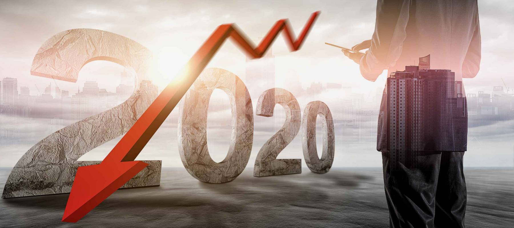 The economic crisis of 2020. Red arrows fall to the ground, indicating the economic recession that will occur in 2020.