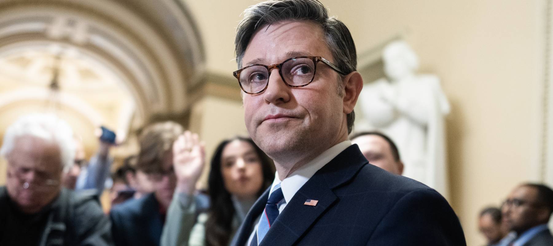 Speaker of the House Mike Johnson, addresses the media after the House passed the budget resolution in Washington, D.C., April 10, 2025.