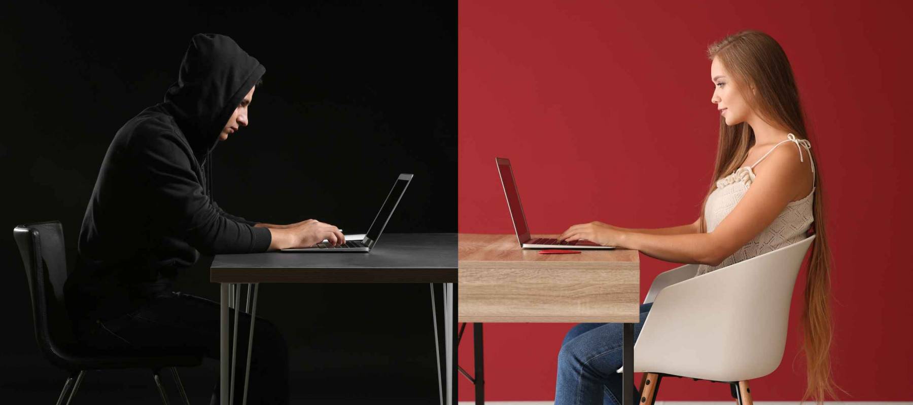 Young woman having online date with fake boyfriend.