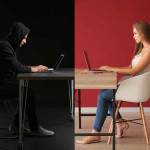 Young woman having online date with fake boyfriend.