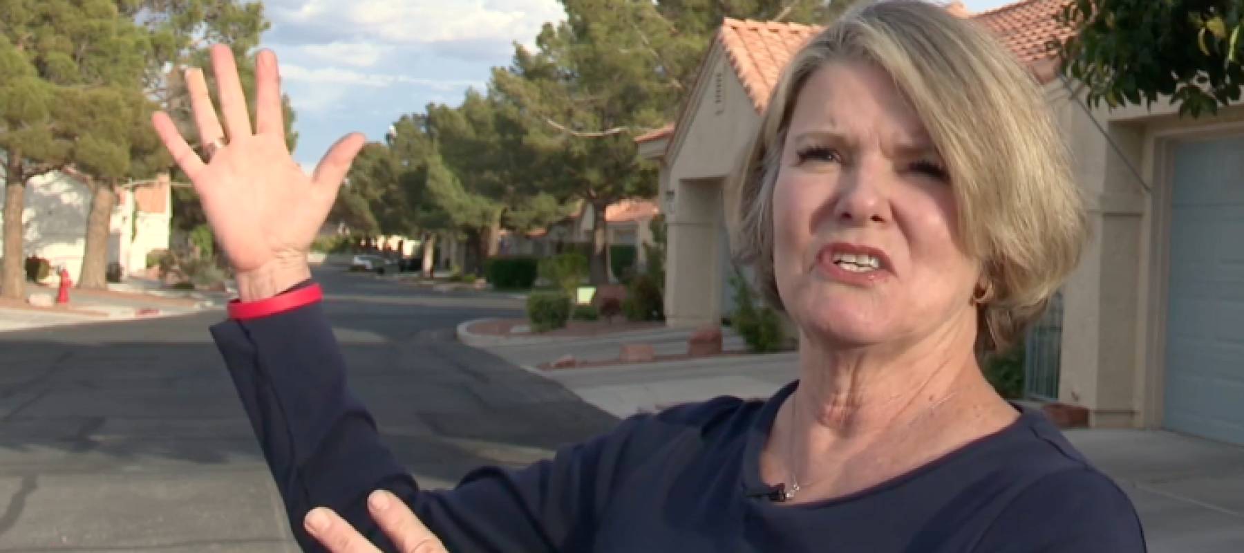 Woman speaking to reporters on the street.