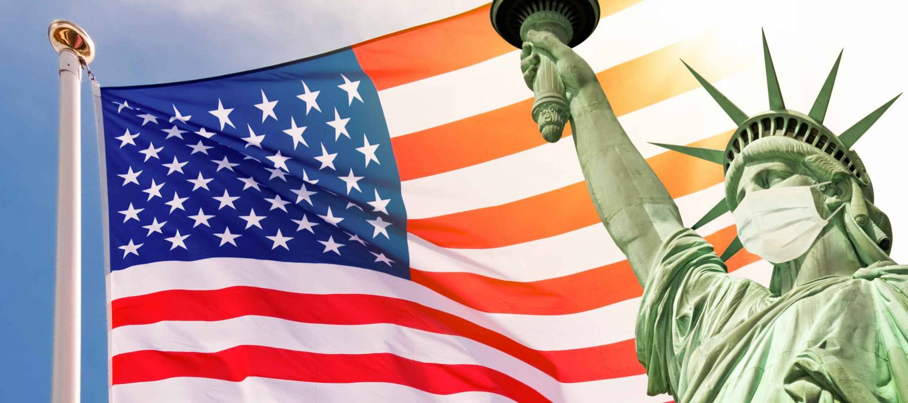 Statue of Liberty wearing a surgical mask, US  american flag background. New coronavirus, covid-19 in New York and USA epidemic crisis concept