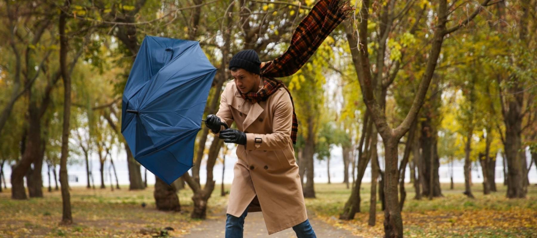 Man with blue umbrella caught in gust of wind outdoors