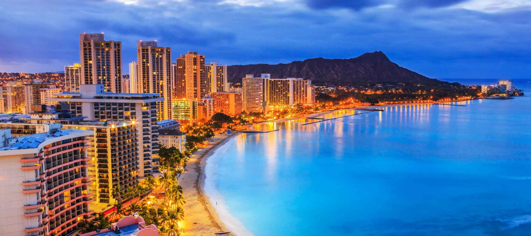 Honolulu, Hawaii. Skyline of Honolulu, Diamond Head volcano including the hotels and buildings on Waikiki Beach.