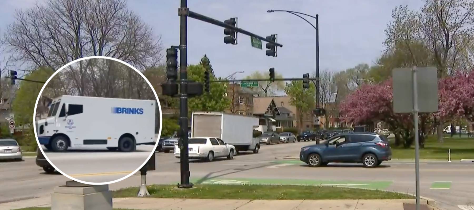An intersection with a Brinks truck inset.