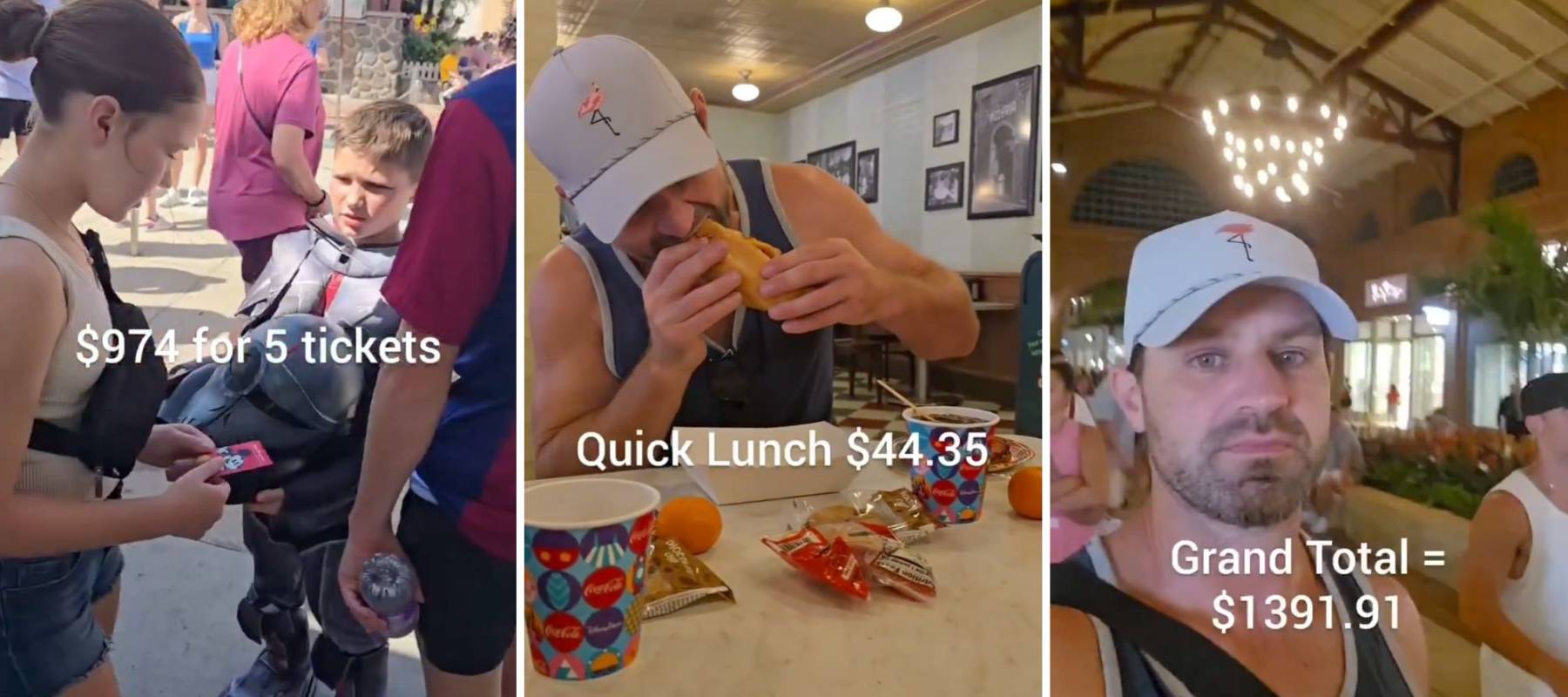 Man totalling the cost of a day trip to Disney World in a viral video.