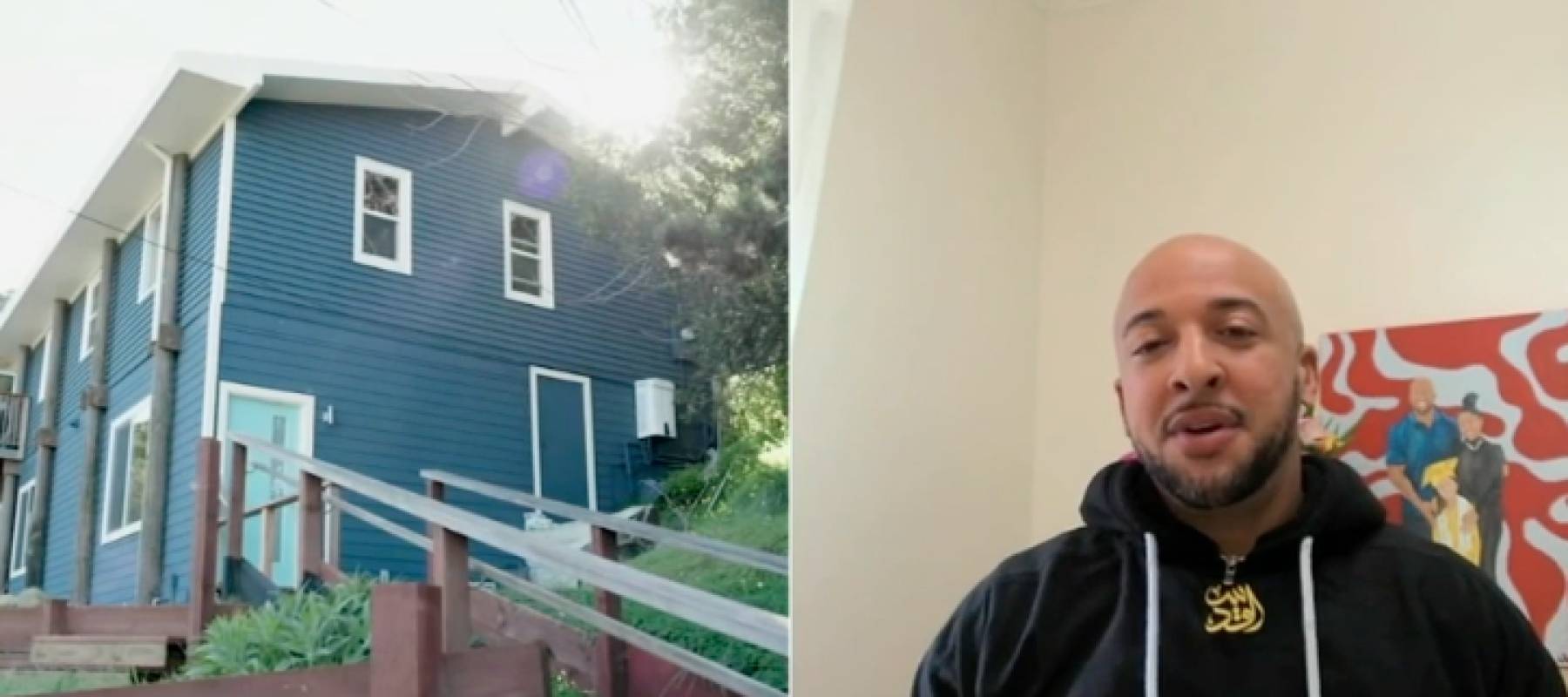 Split screen shows a house and a man.