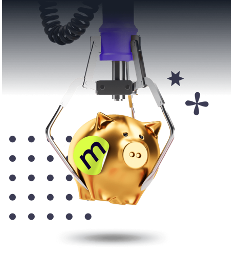 An arcade claw machine grabbing a piggy bank.