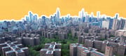 Aerial shots of New York City Stuyvesant Town-Peter Cooper Village apartment buildings in the foreground of the Manhattan skyline.