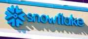 Snowflake logo and sign at the company corporate headquarters in Silicon Valley.
