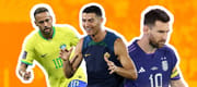 Neymar, Ronaldo and Messi in jerseys on orange background.