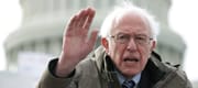 Bernie Sanders speaks on Capitol Hill with a serious look on his face and his hand held up.