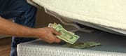Man putting money under his mattress to hide it from those asking for handouts.