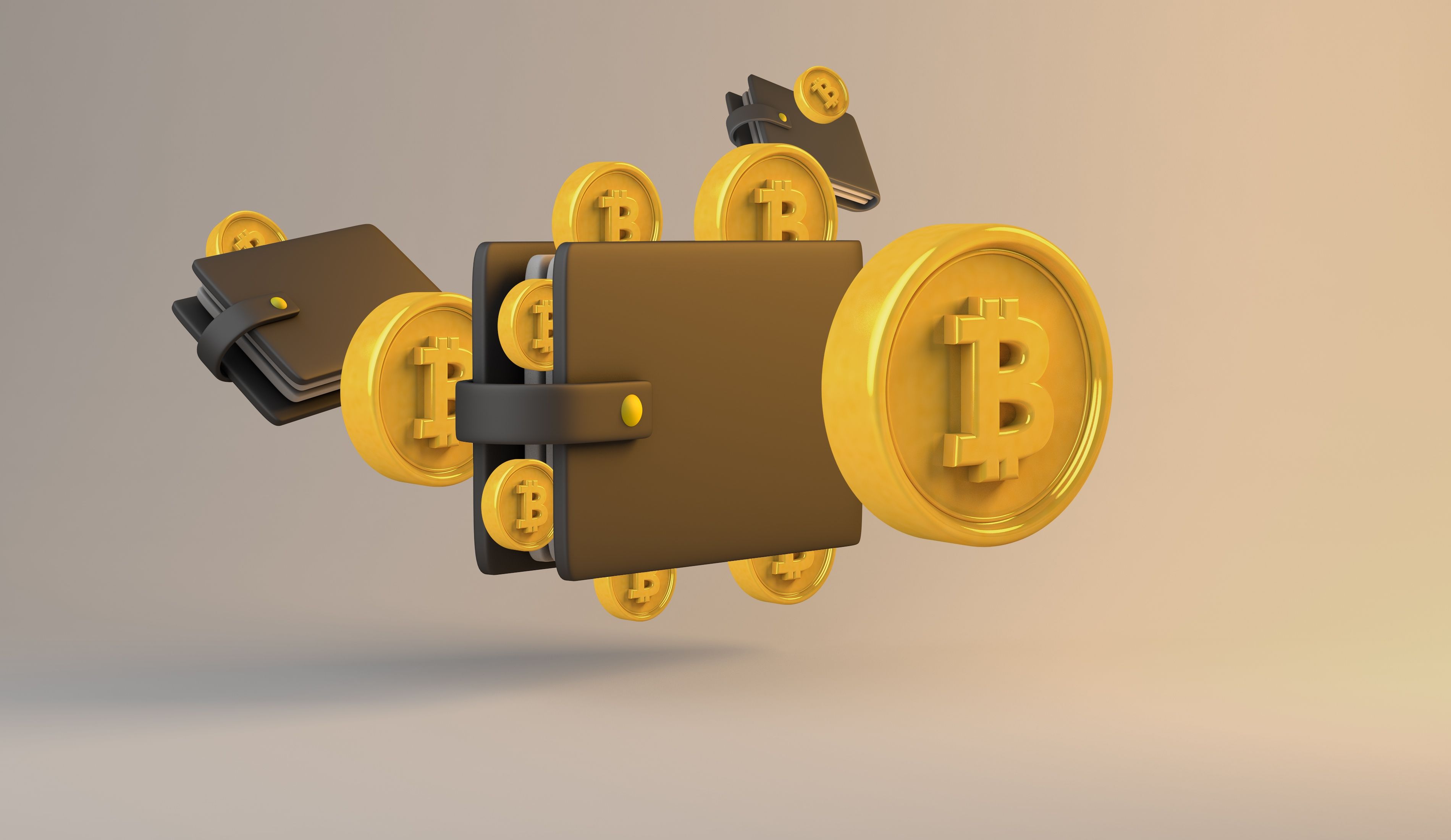 Golden Bitcoin 3d rendering illustration of Cryptocurrency Crypto DeFi Coin cartoon inside and around a cold wallet digital on an isolated background