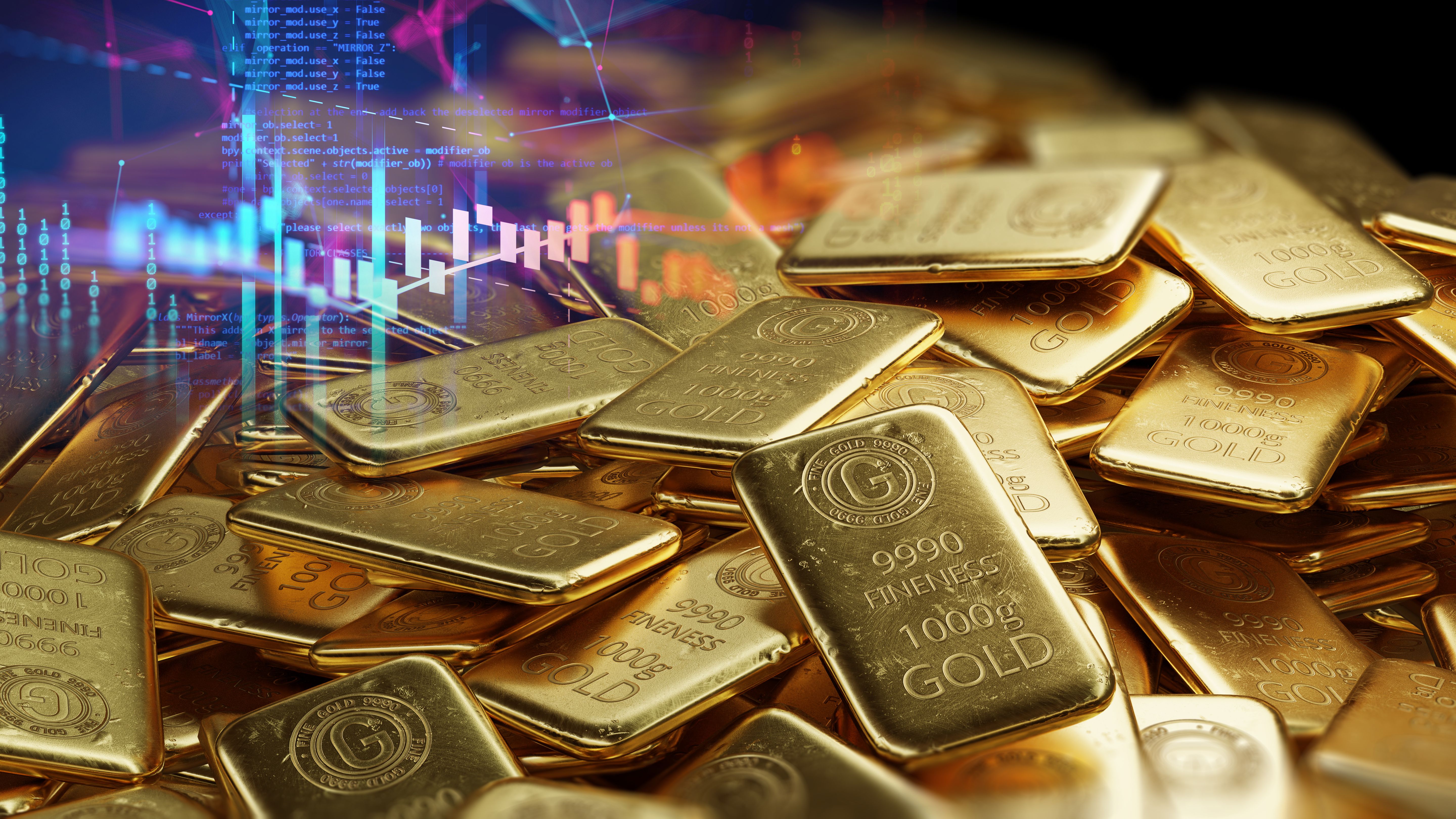 Gold bars against an investment background