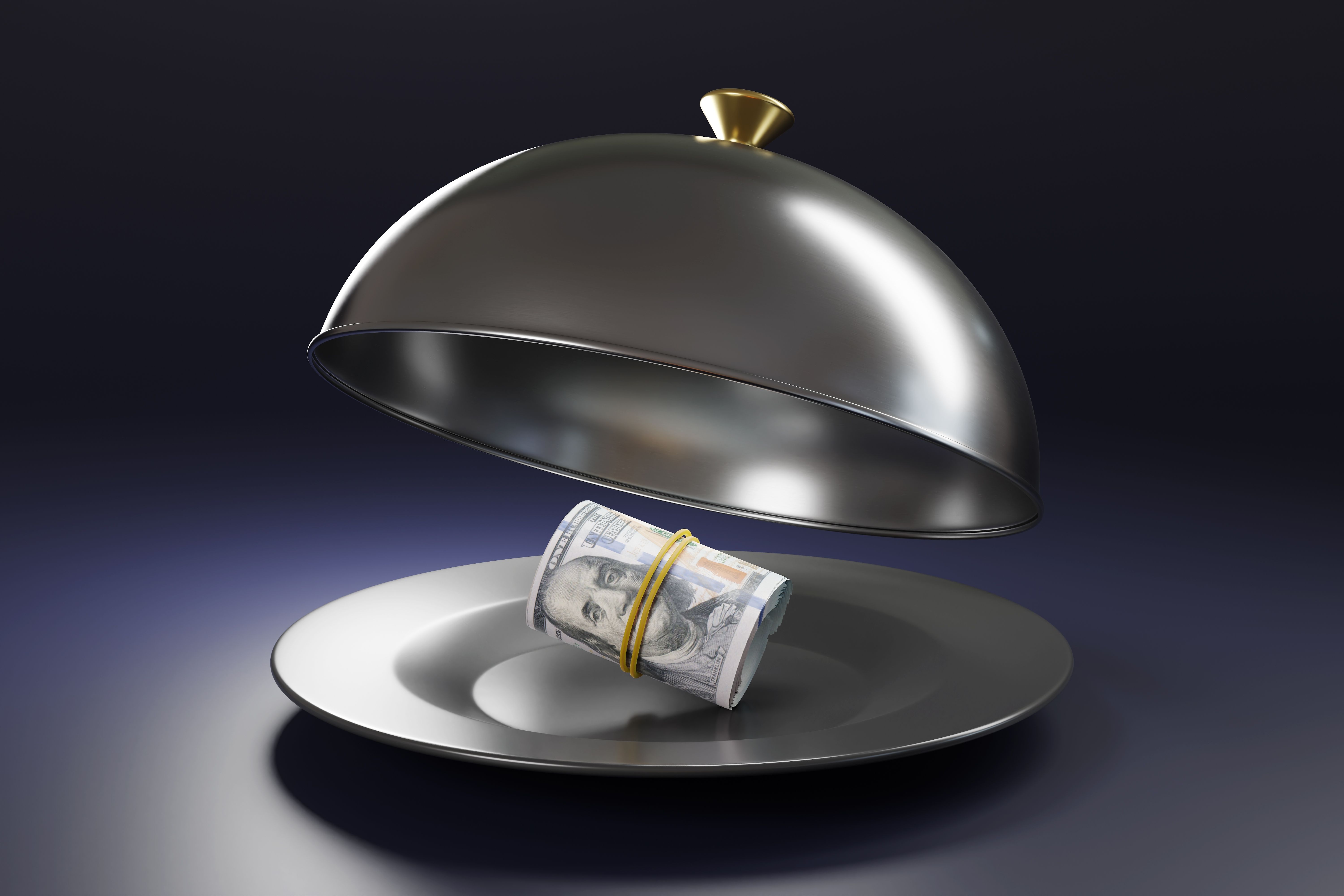 US bankroll on a black plate covered by a silver metal cloche on dark purple background. 3D illustration of the concept of fine dining and middle class gourmet