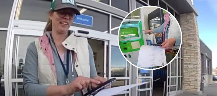 Woman points to smartphone, woman points to kiosk (inset).