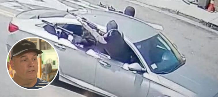 Security camera screengrab of gunmen in a vehicle alongside a superimposed head shot of a local community leader describing problems endemic to the area.